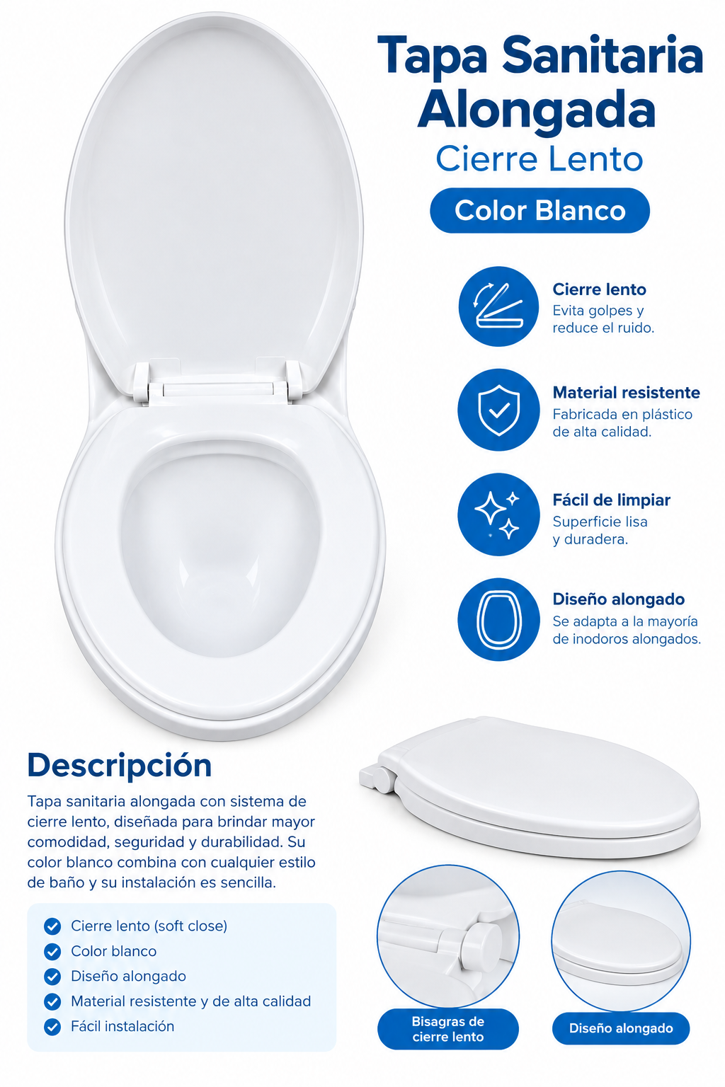 Tapa Sanitaria Alongada Blanca con Cierre Lento